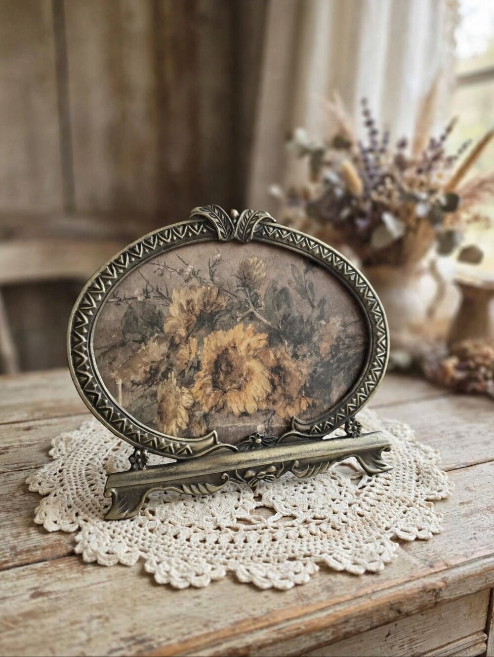 Vintage Ornate Oval Metal Picture Frame with Sunflower Print